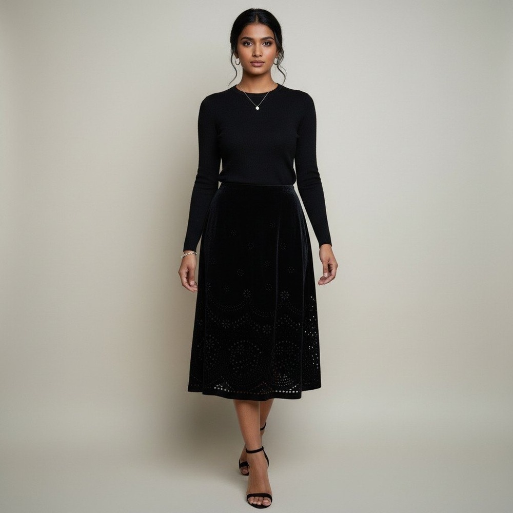The Limited Silk Black Velvet Burnout Floral Midi Skirt Womens‎ 8 Luxe